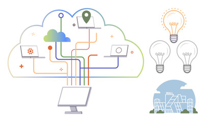 Cloud connects laptops, desktop, and data paths. Light bulbs symbolize innovation and technology. Building suggests urban tech growth. Ideal for cloud solutions, IT systems, innovation, teamwork