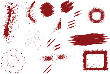 Red Splatter Diverse brushstrokes. Vector Chinese red ink lines pack. frame, Claws marks. Bloody color painted brushstroke text highlights, frames, circles. Rough grunge abstract smear scribbles.