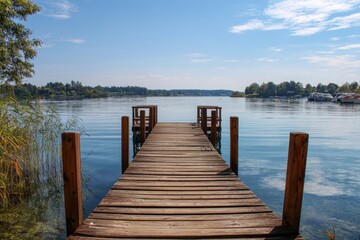 Fototapeta premium Stunning waterfront pier overlooking a serene lake with small boats on a bright sunny day