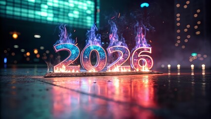 Dynamic 2026 numbers blaze with vibrant fire and smoke against a futuristic cityscape backdrop