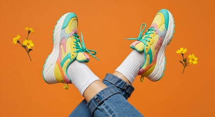 A person's legs in vibrant, colorful sneakers and casual jeans against a bright orange background, embodying a fun and youthful fashion statement