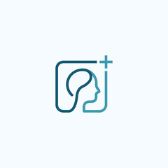 Medical Mental Health Logo with Human Head Profile and Brain Outline in Square Frame with Plus Sign, Minimalist Healthcare Vector Symbol for Psychology, Therapy, Neurology, Clinic nd Wellness Branding