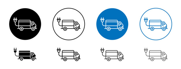 Electric plug in truck icons set in black and blue colors on white background