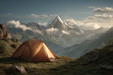 Camping tent nestled in the mountains under sunlight with majestic peaks and lush valleys in the background