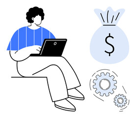 Fototapeta na wymiar Person with laptop seated next to dollar bag and gears symbolizing productivity, income, and ideas. Ideal for entrepreneurship, fintech, remote work, investment, strategy, innovation simple flat