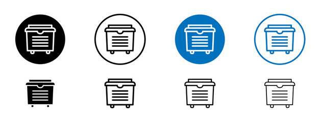 Dumpster icons set in black and blue colors on white background