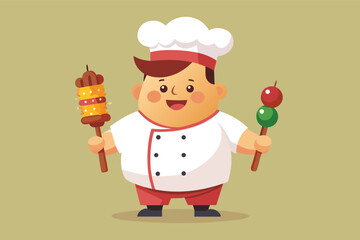 Cook holding skewers of food with a cheerful expression in a simple setting