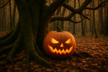 Spooky jack-o'-lantern glowing beside an old tree in a dark, mysterious forest, perfect for Halloween promotions and seasonal designs
