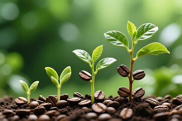 Coffee seedlings sprouting from soil surrounded by roasted beans, symbolizing growth, agriculture, and sustainability. Ideal for farming, beverage, and eco-friendly themes. Captures coffee's 