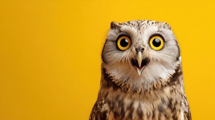 Obraz premium a close up of a owl with a yellow background