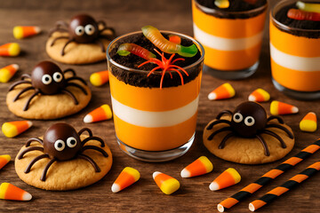 Festive Halloween treats on wooden table create spooky fun atmosphere with delicious spider cookies and layered orange dessert cups