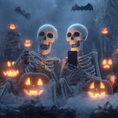 Halloween celebration, ghosts, Halloween, Halloween greeting cards, pumpkin, candy carriage, witch,ghost with phone, ghost with laptop, ghost working on Halloween