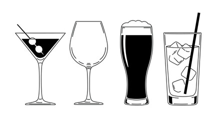 Minimalist outline of different glasses with drinks