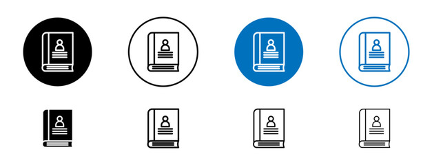 Biography icons set in black and blue colors on white background