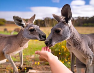 Two kangaroos eating from a hand
