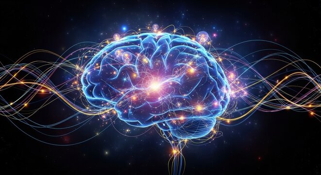 A glowing blue human brain with intricate neural pathways and energy waves emanating from it, symbolizing thought and consciousness.