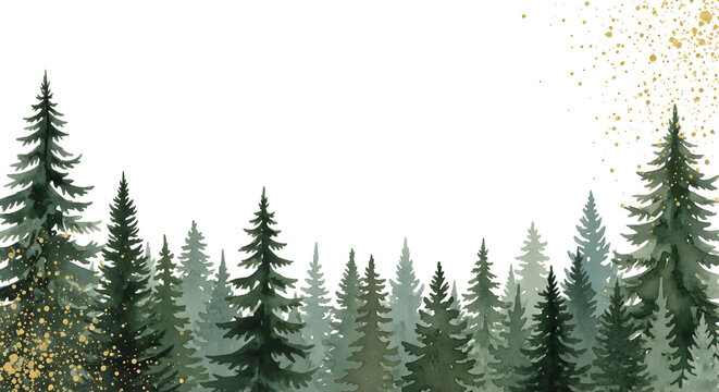 Evergreen Forest Border with Gold Speckles &mdash; Layered Pine Tree Silhouette Landscape in Watercolor Greens with Gold Confetti Accents and Fading Depth &mdash; Elegant Winter Forest Background for Holiday Card