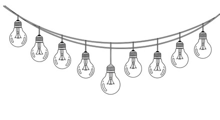String of Festoon Light Bulbs Line Drawing &mdash; Simple Black & White Garland of Hanging Bulbs on a Curved Cord, Minimalist Illustration for Logos, Party Invites, Party Decor Mockups & Coloring Pages