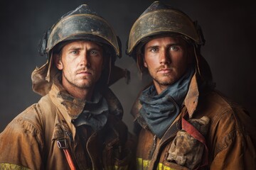 Obraz premium Portrait of two firemen standing together, displaying courage and determination, ready to tackle emergency situations in their protective gear