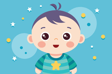 Happy cartoon baby with star on shirt in playful blue background with stars and circles