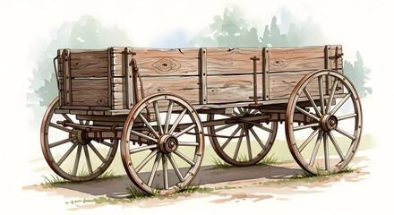 Fototapeta premium Rustic Wooden Wagon Watercolor — Hand-Painted Antique Farm Wagon or Cart in Soft Watercolor with Weathered Wood Planks, Spoked Wheels and Country Path Background — Vintage Western, Farm Decor, Signage