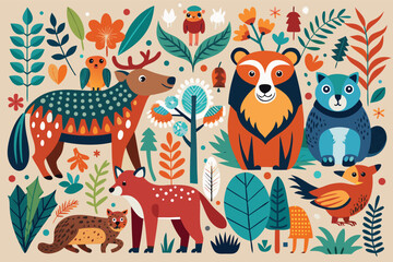 Obraz premium Colorful animal illustrations surrounded by plants in a whimsical nature setting