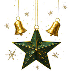 Elegant emerald star decoration with gold snowflake accents and bells for festive holidays transparent background