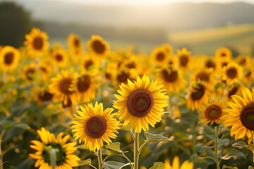 Obraz premium Vibrant Sunflower Field in Bloom: Yellow Petals and Sunny Scenery in Botanical Paradise