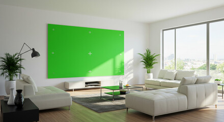Fototapeta premium Modern living room with green screen wall perfect for advertising or video projects in bright interior