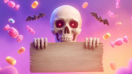 Scary skull with glowing eyes holding wooden sign surrounded by candy - Powered by Adobe