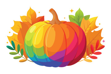 Naklejka premium Playful Autumn Illustration Featuring a Pumpkin and Colorful Leaves