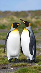 Two king penguins face each other