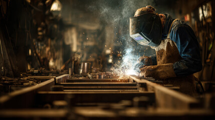 Welding action in workshop metal fabrication process industrial environment close-up view skillful craftsmanship