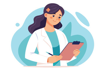 Healthcare professional checks patient information and prepares for consultation in bright setting