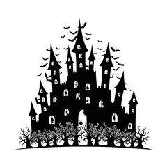 Obraz premium Vector art of silhouette of a spooky haunted castle with bats flying around