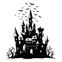 Vector art of spooky haunted castle silhouette with bats flying around for halloween