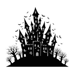 Vector art of silhouette of a spooky haunted castle on a hill with many bats flying around