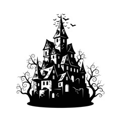 Vector art of silhouette of a haunted house with bare trees around it, halloween concept art