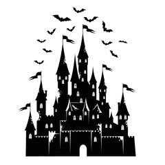 Obraz premium Vector art of silhouette of a spooky castle with bats flying around it, halloween concept art