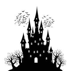 Obraz premium Vector art of silhouette of a spooky haunted castle with bare trees and a flock of bats