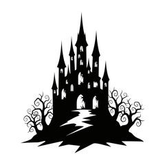Fototapeta premium Vector art of silhouette of a spooky haunted castle with path for halloween celebration