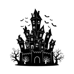 Vector art of silhouette of a spooky haunted castle with bats flying around for halloween