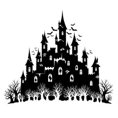 Obraz premium Vector art of spooky haunted castle silhouette with bats flying around for halloween theme