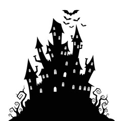 Vector art of spooky haunted castle silhouette with bats flying around for halloween theme