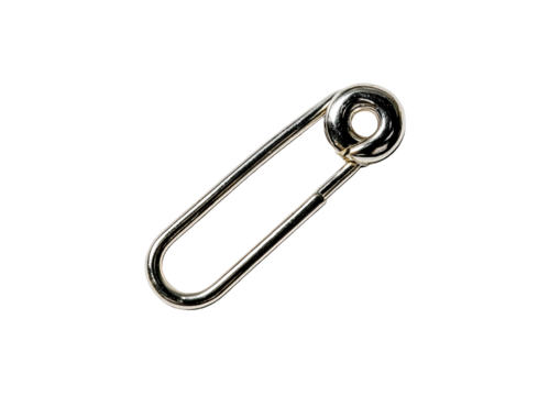 A metallic key ring/accessory, shaped like a large safety pin. A rounded, spiral detail is centered