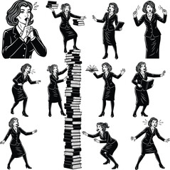 Retro Businesswoman with Books and Paperwork – Office Chaos, Stress, and Workplace Hustle Vector Set in Vintage Comic Style