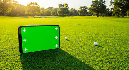 Elevated mobile golf app marketing on lush green course with chroma key screen for immersive experience