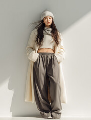 Naklejka premium Japanese Woman in Minimalist Winter Outfit with Knitwear 