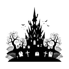 Vector art of silhouette of a spooky haunted castle with tombstones and bats