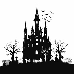 Vector art of silhouette of a spooky haunted castle with bats flying around